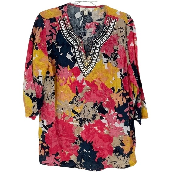 100% Linen Beaded Floral Print Tunic Top - Womens Charter Club Luxury - Sz 1X - Picture 1 of 13